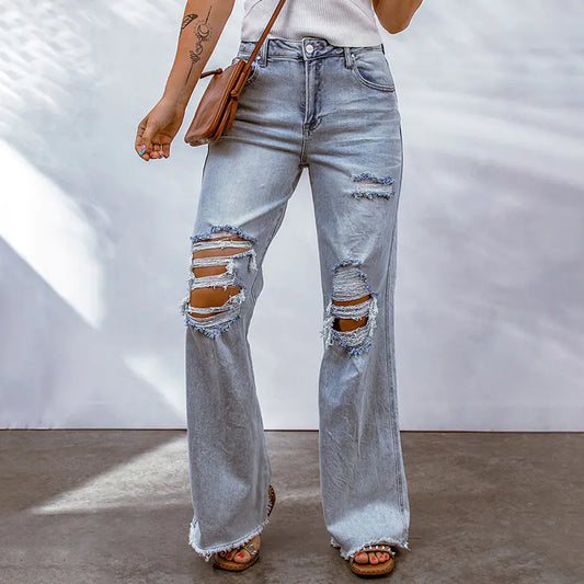 Ripped Wide-Leg Cropped Pants for Women