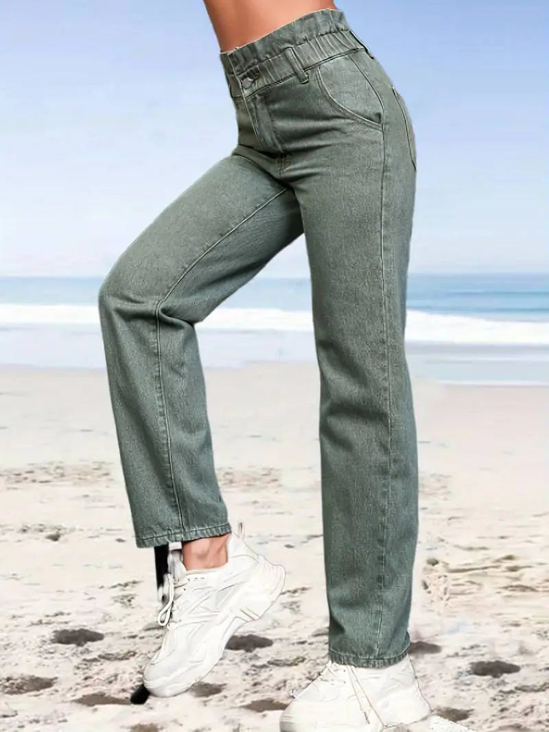 High Waist Green Paperbag Straight Jeans for Women