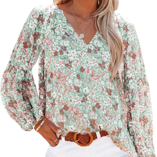 V-neck Floral Chiffon Shirt with Lantern Sleeves for Women