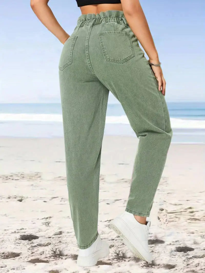 High Waist Green Paperbag Straight Jeans for Women