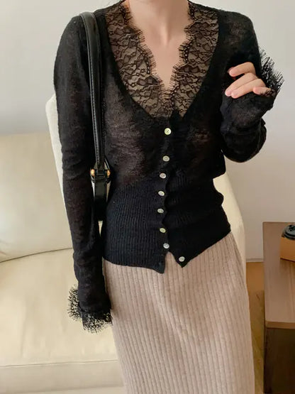 Chic Vintage Lace Knitted Cardigan Sweater for Women