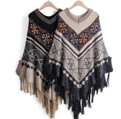 Loose Batwing Sweater with Fringe Cape Design