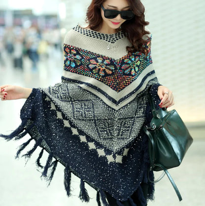 Loose Batwing Sweater with Fringe Cape Design