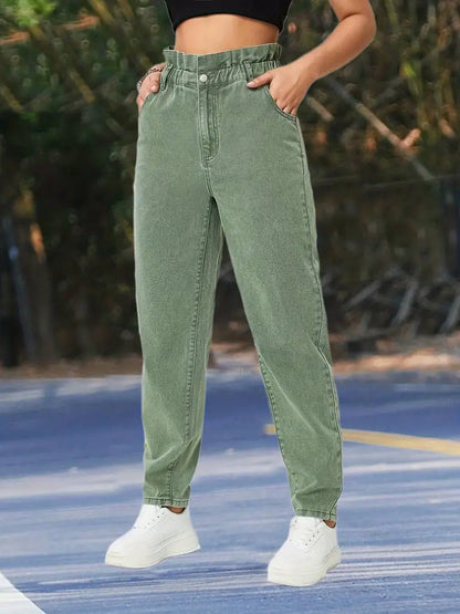 High Waist Green Paperbag Straight Jeans for Women