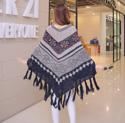Loose Batwing Sweater with Fringe Cape Design