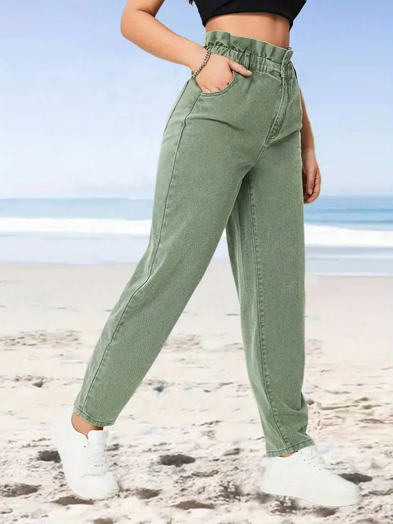 High Waist Green Paperbag Straight Jeans for Women