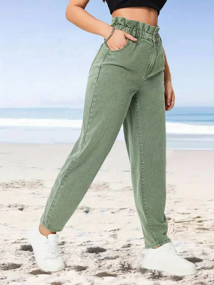 High Waist Green Paperbag Straight Jeans for Women