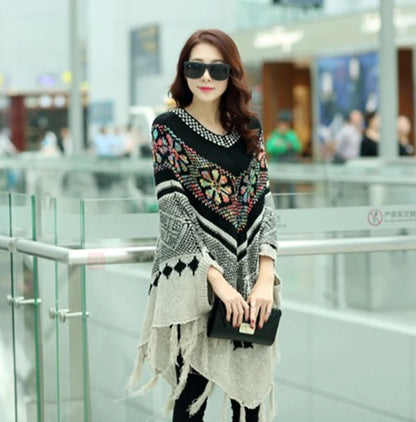 Loose Batwing Sweater with Fringe Cape Design