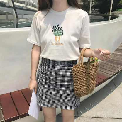 Embroidered Lavender Short Sleeve T-Shirt for Women