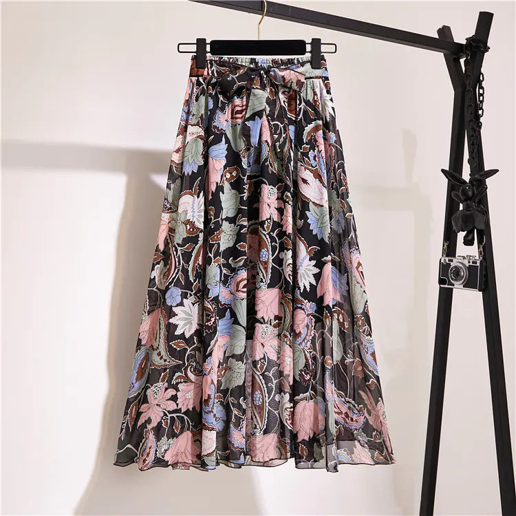 Bohemian Floral Printed Chiffon Mid-Length Skirt
