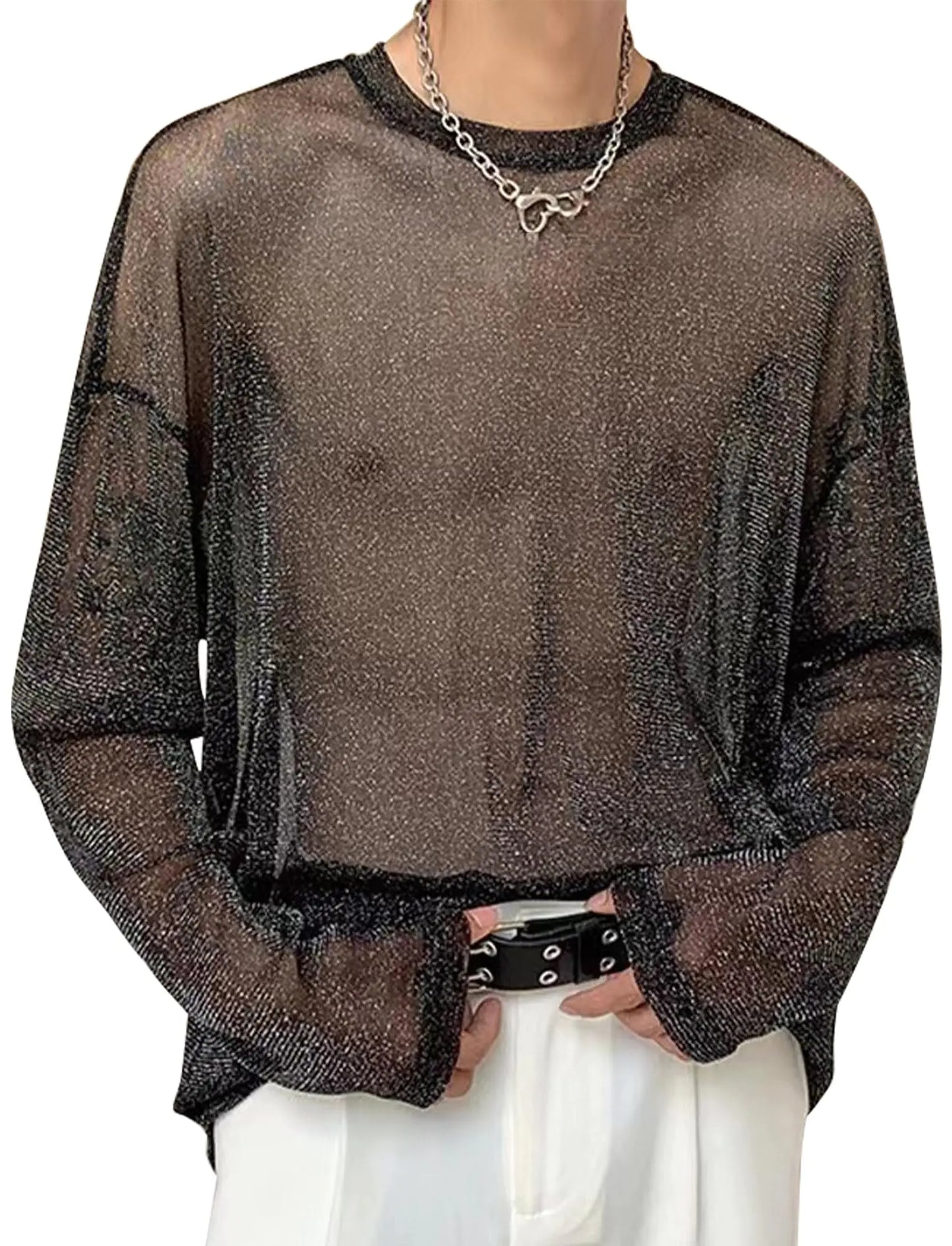 Unisex Sheer Mesh Disco Tops Sequins Long Sleeve Crewneck Slim Fit