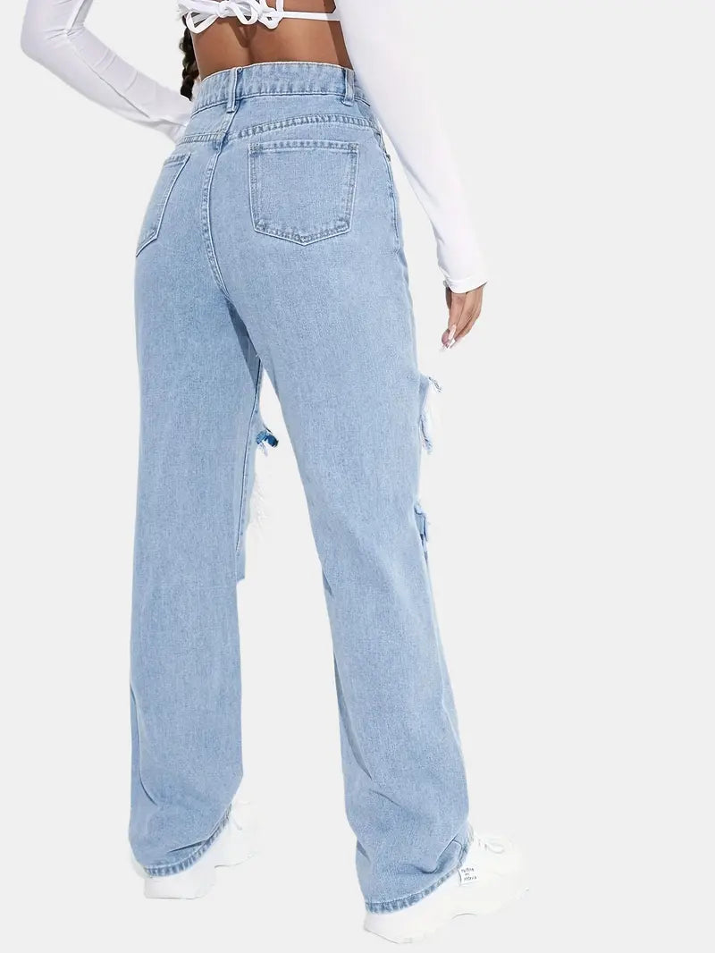 Floral Print Ripped Denim Jeans - Loose Fit High Waist