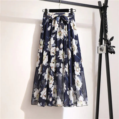 Bohemian Floral Printed Chiffon Mid-Length Skirt