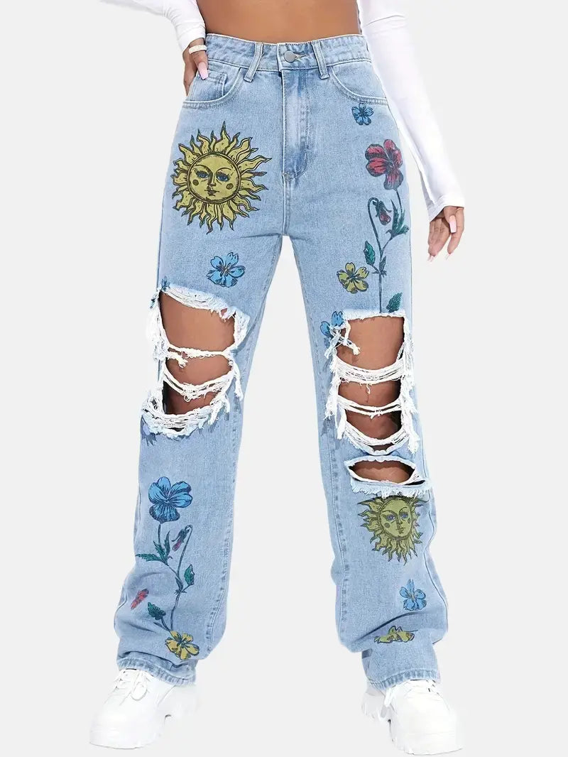 Floral Print Ripped Denim Jeans - Loose Fit High Waist