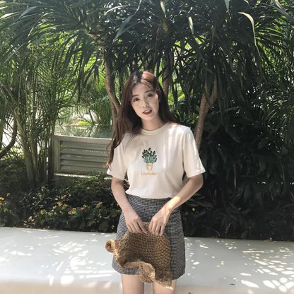 Embroidered Lavender Short Sleeve T-Shirt for Women