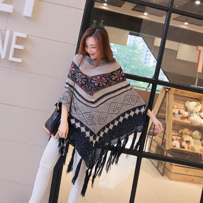 Loose Batwing Sweater with Fringe Cape Design