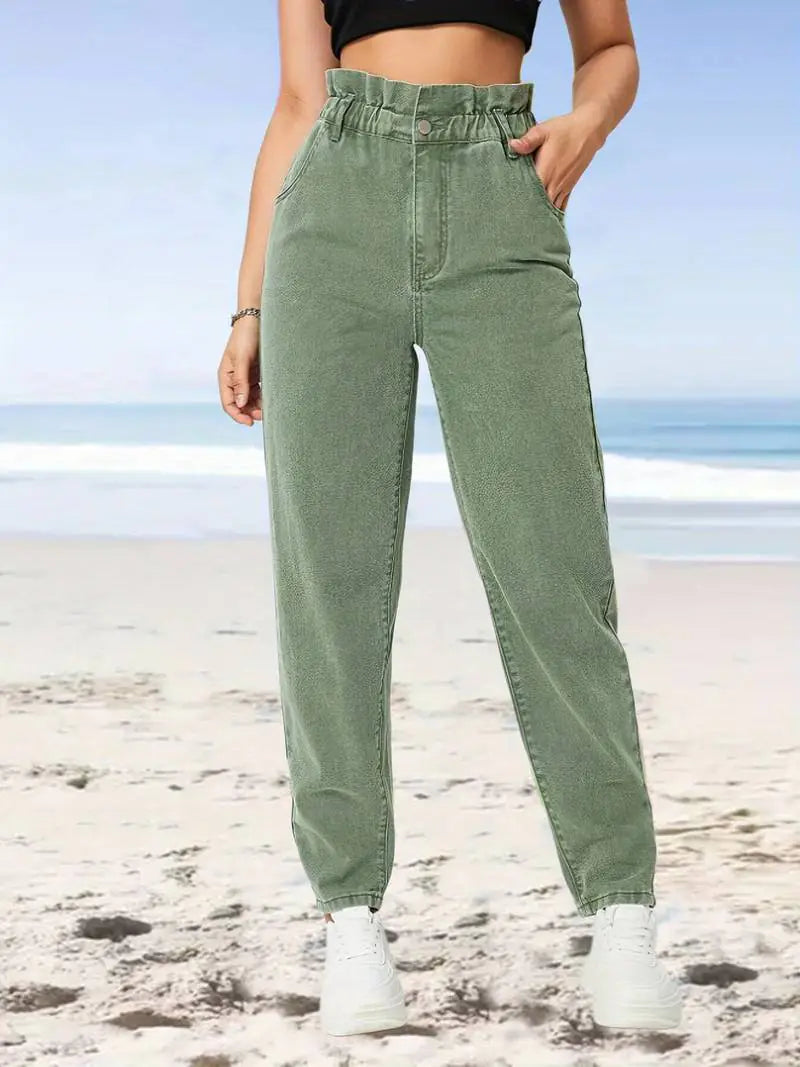 High Waist Green Paperbag Straight Jeans for Women