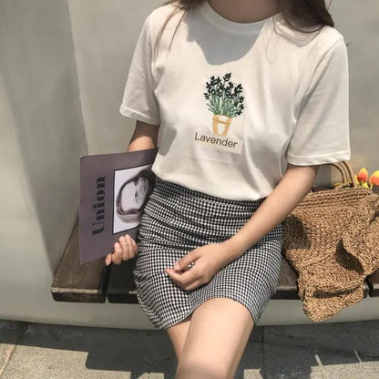 Embroidered Lavender Short Sleeve T-Shirt for Women