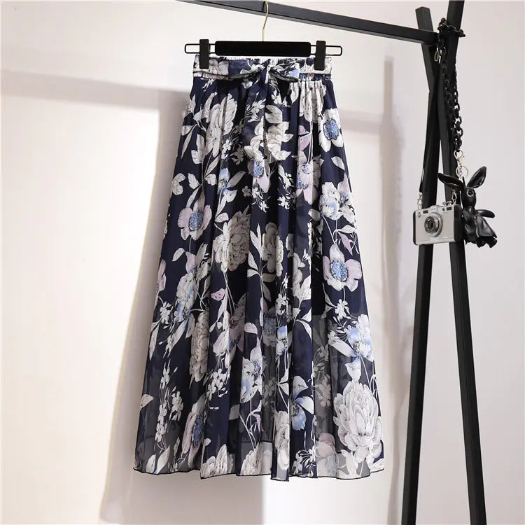 Bohemian Floral Printed Chiffon Mid-Length Skirt