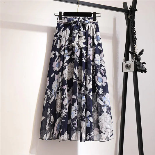 Bohemian Floral Printed Chiffon Mid-Length Skirt