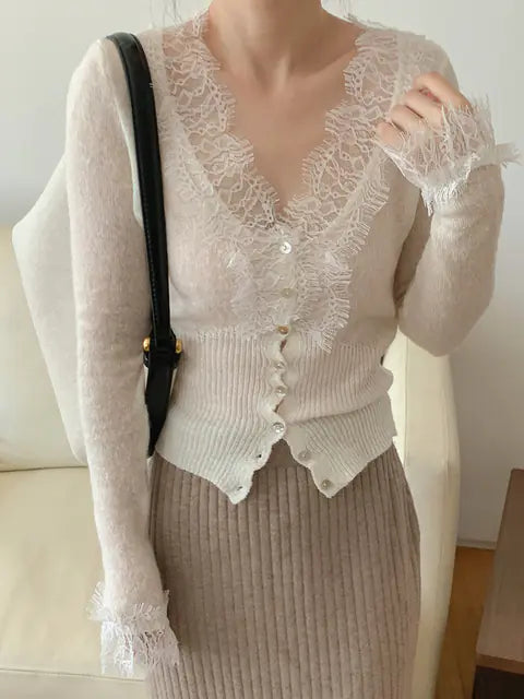 Chic Vintage Lace Knitted Cardigan Sweater for Women