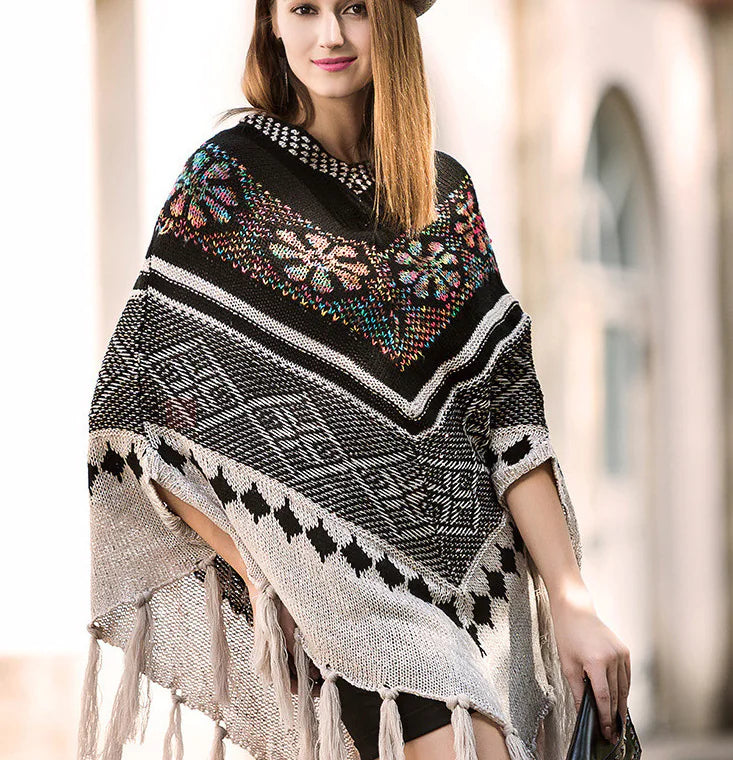 Loose Batwing Sweater with Fringe Cape Design