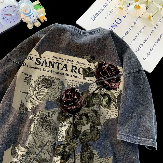 Retro Rose Print Cotton T-shirts for Men & Women