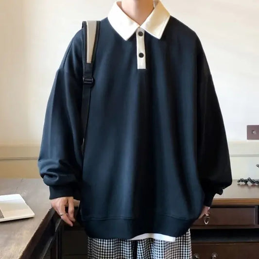 Oversized Autumn Lapel Hoodie for Men in Black/Green