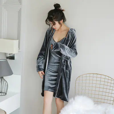 Luxury Velvet Three-Piece Pajama Set with Robe