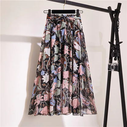 Bohemian Floral Printed Chiffon Mid-Length Skirt