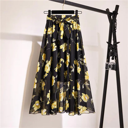 Bohemian Floral Printed Chiffon Mid-Length Skirt
